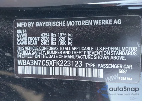 2015 BMW 428I из США, поврежденный, VIN WBA3N7C5XFK223123